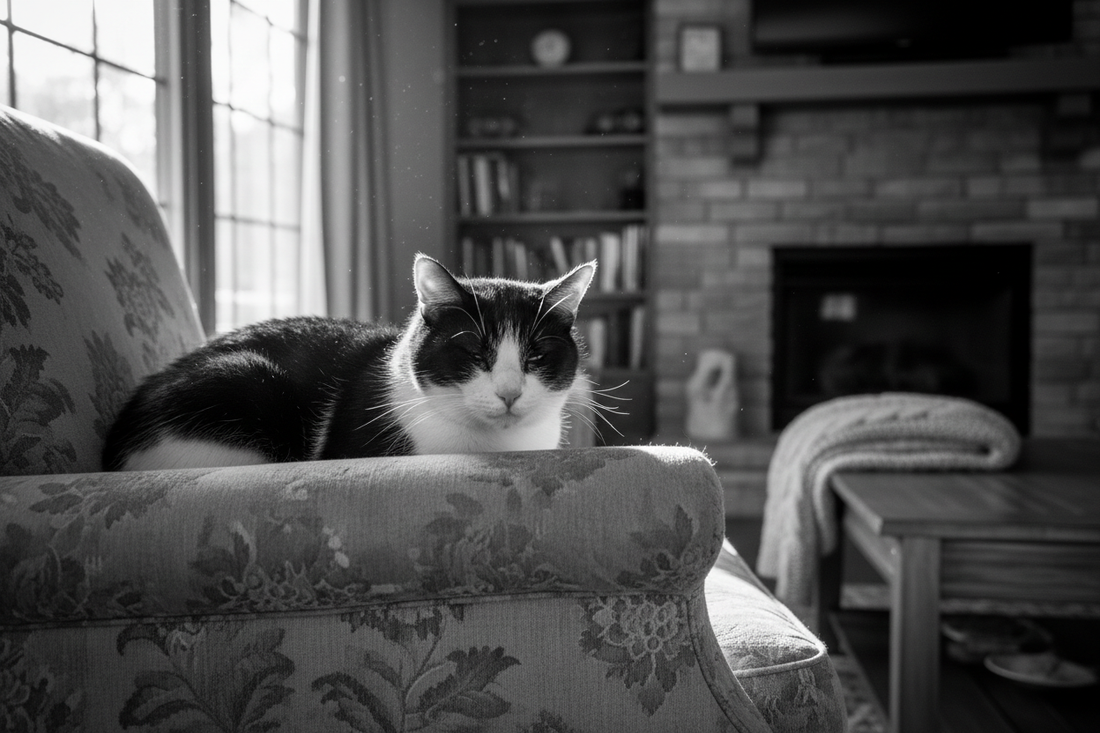 "Gatto che dorme tranquillamente su una poltrona morbida."