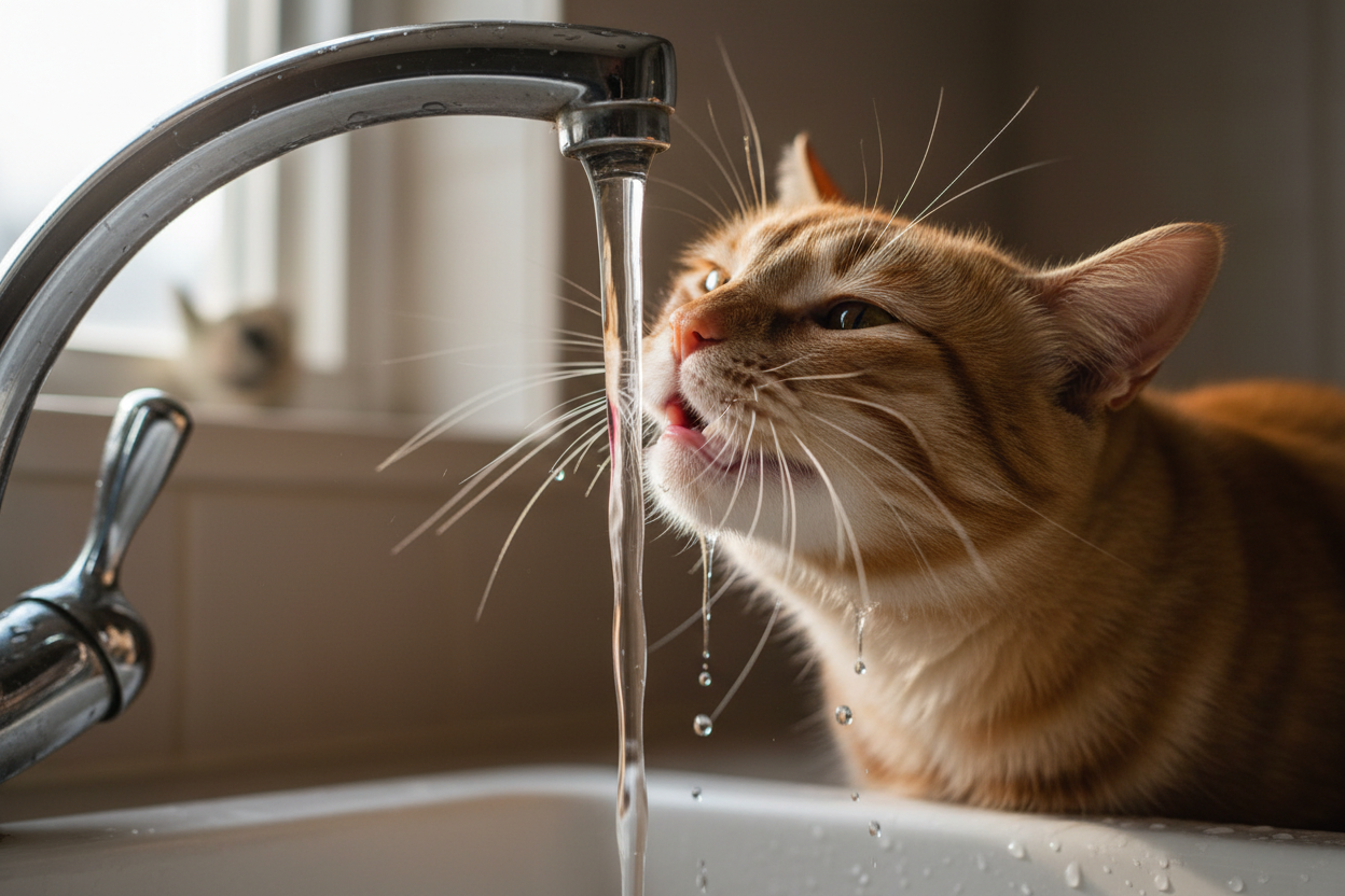 “Gatto domestico che beve acqua corrente da un rubinetto in cucina, attirato dal flusso fresco