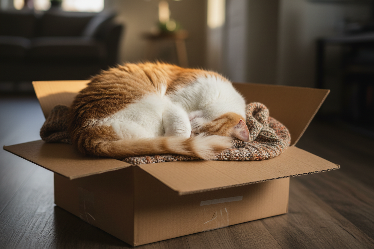 Gatto dorme beato in uno scatolo di cartone 