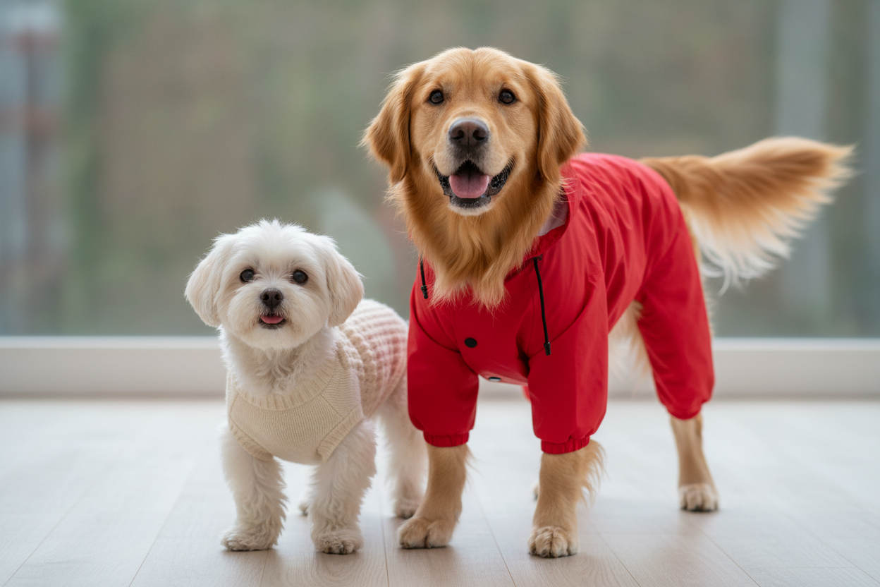 2 cani che indossano maglincini ed impermeabili, per qualunque stagione, sia inverno che primavera