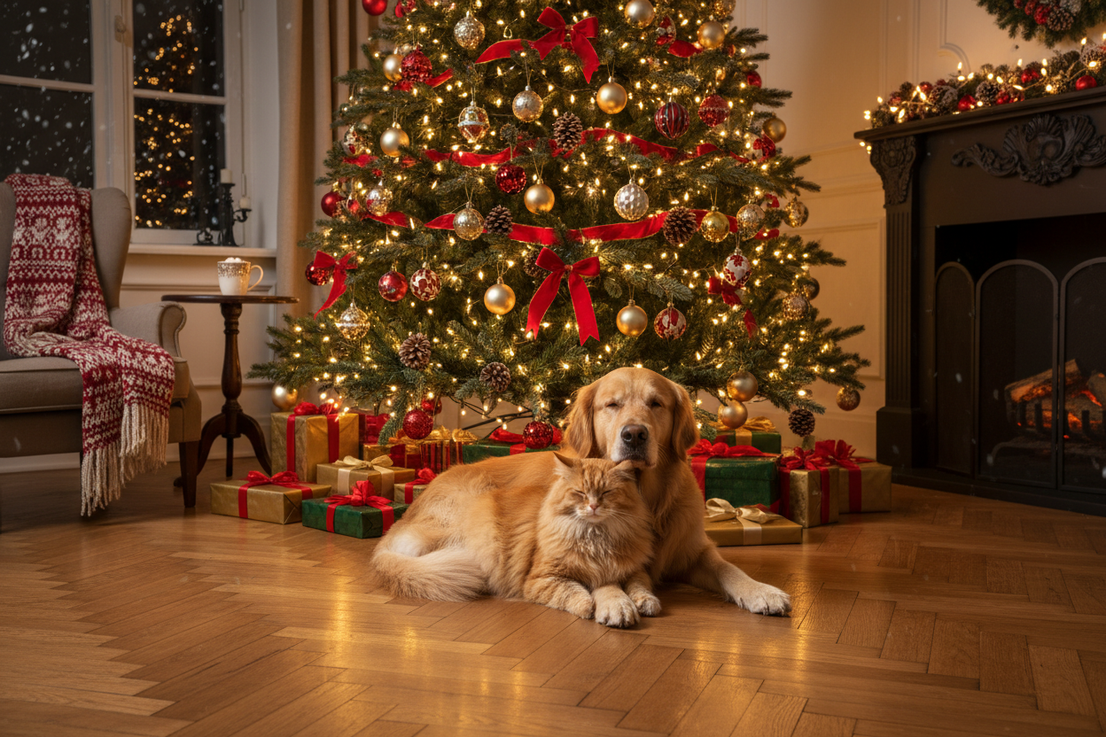 cane e gatto vicino ad un albero di natale, aspettando giochi natalizi per cani e gatti, snack natalizi per cani e gatti, calze della befana per cani e gatti