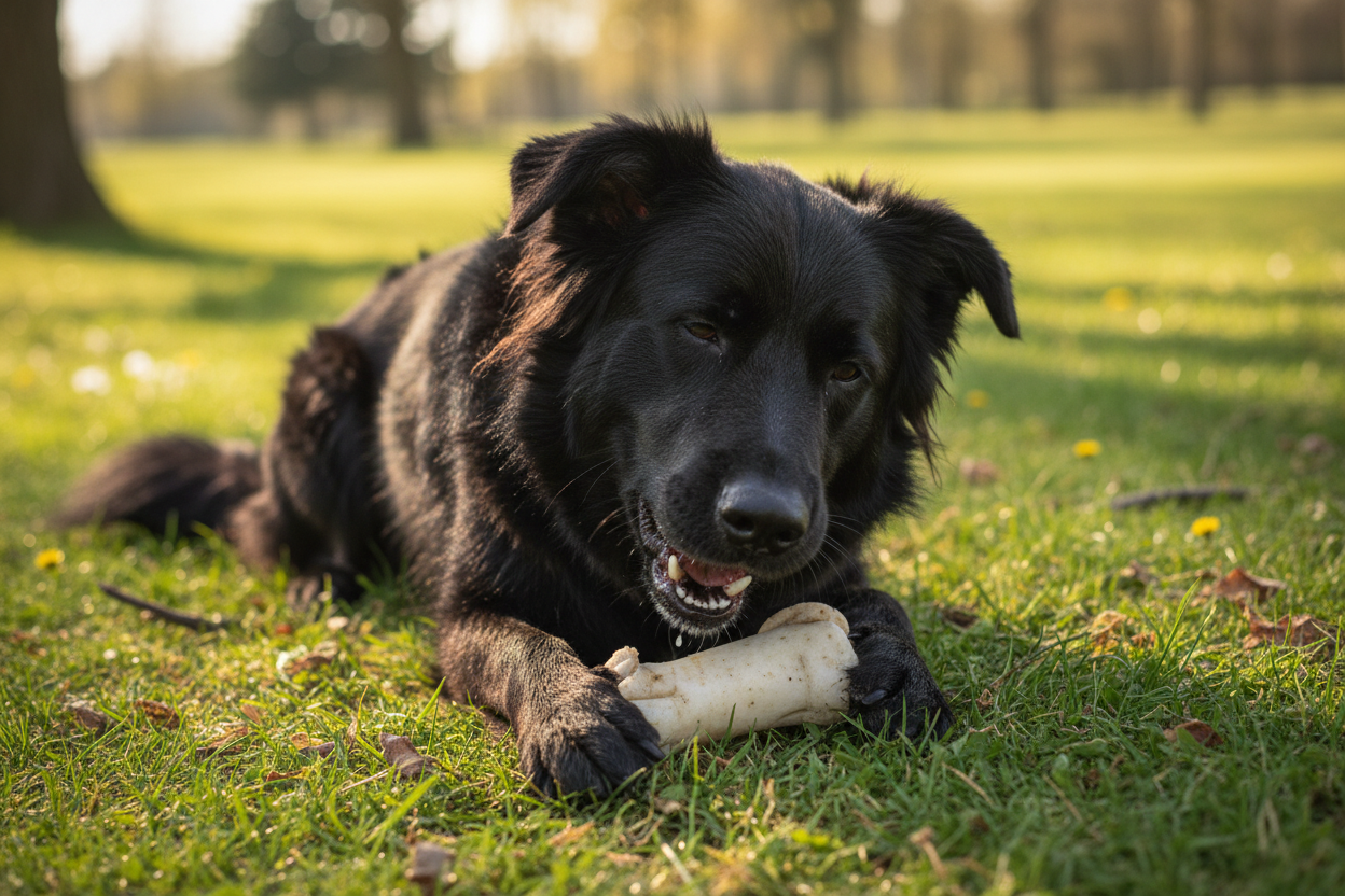 cae che mangia osso di cartilagine, snack appetitosi e monoproteici
