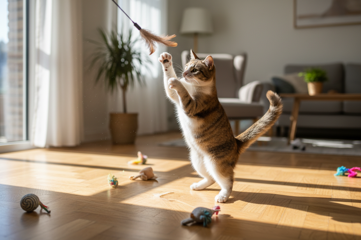 gatto che gioca con palline, catnip, tiragraffi, piume