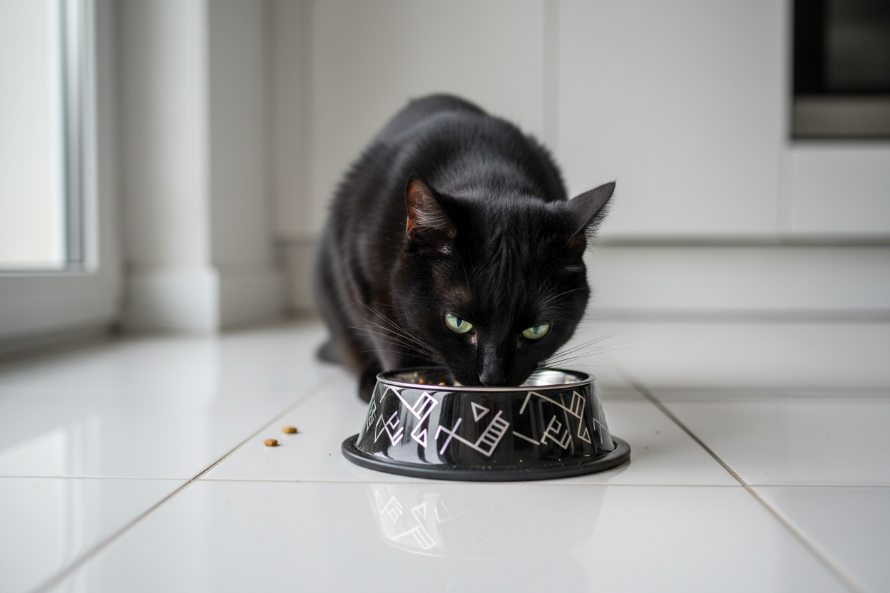 gatto che mangia umido e crocchette in una ciotola di acciaio