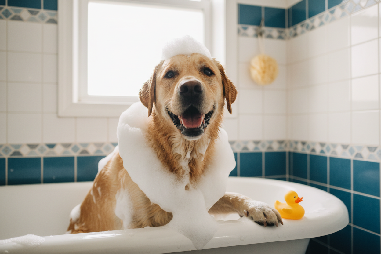 cane che si toeletta, shampoo, spazzole, deodoranti, profumi per cani e gatti