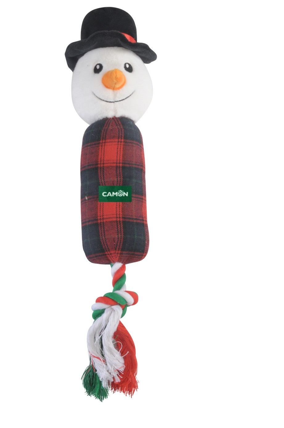 Divertente e colorato gioco natalizio per cani nella forma di un pupazzo di neve in peluche.
Dotato di inserto in corda e di squeaker interno.