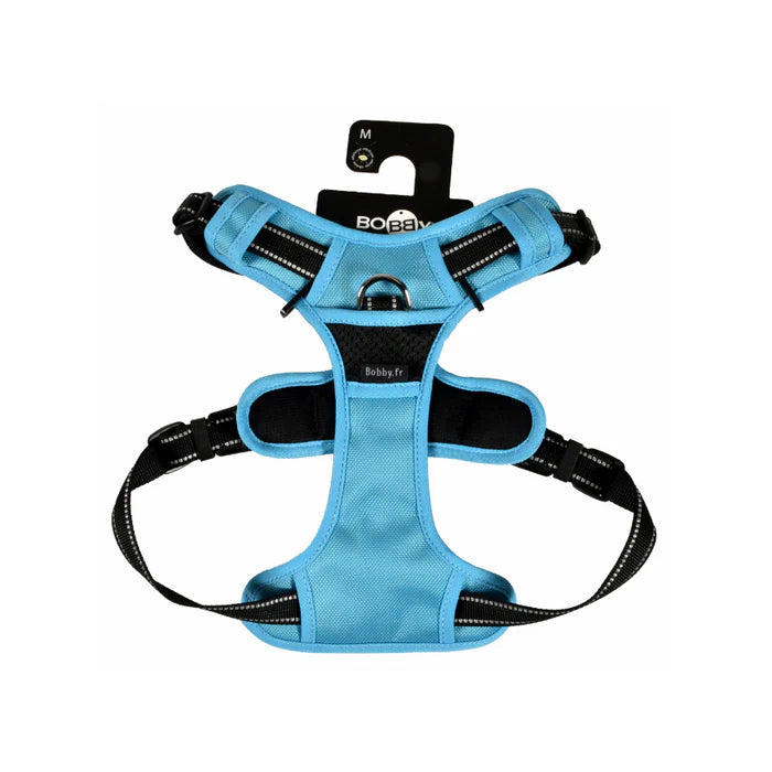 pettorina imbottita nella parte superiore ed inferiore, celeste con doppio gancio in ferro. e con manico nella parte superiore