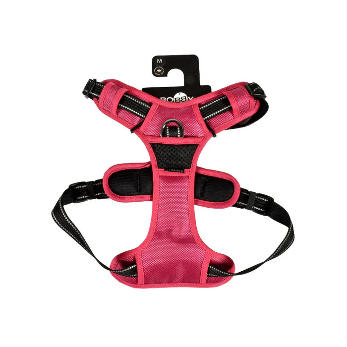 pettorina imbottita nella parte superiore ed inferiore, fucsia con doppio gancio in ferro. e con manico nella parte superiore