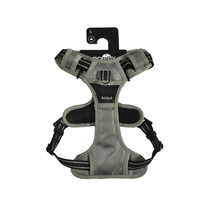 pettorina imbottita nella parte superiore ed inferiore, grigia con doppio gancio in ferro. e con manico nella parte superiore