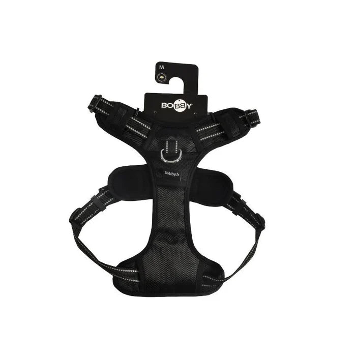 pettorina imbottita nella parte superiore ed inferiore, nera con doppio gancio in ferro. e con manico nella parte superiore