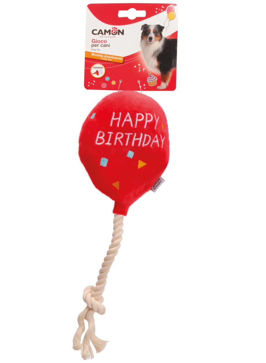 Gioco per Cani Palloncino "Happy Birthday" – Poliestere con Corda e Squeaker, 30 cm