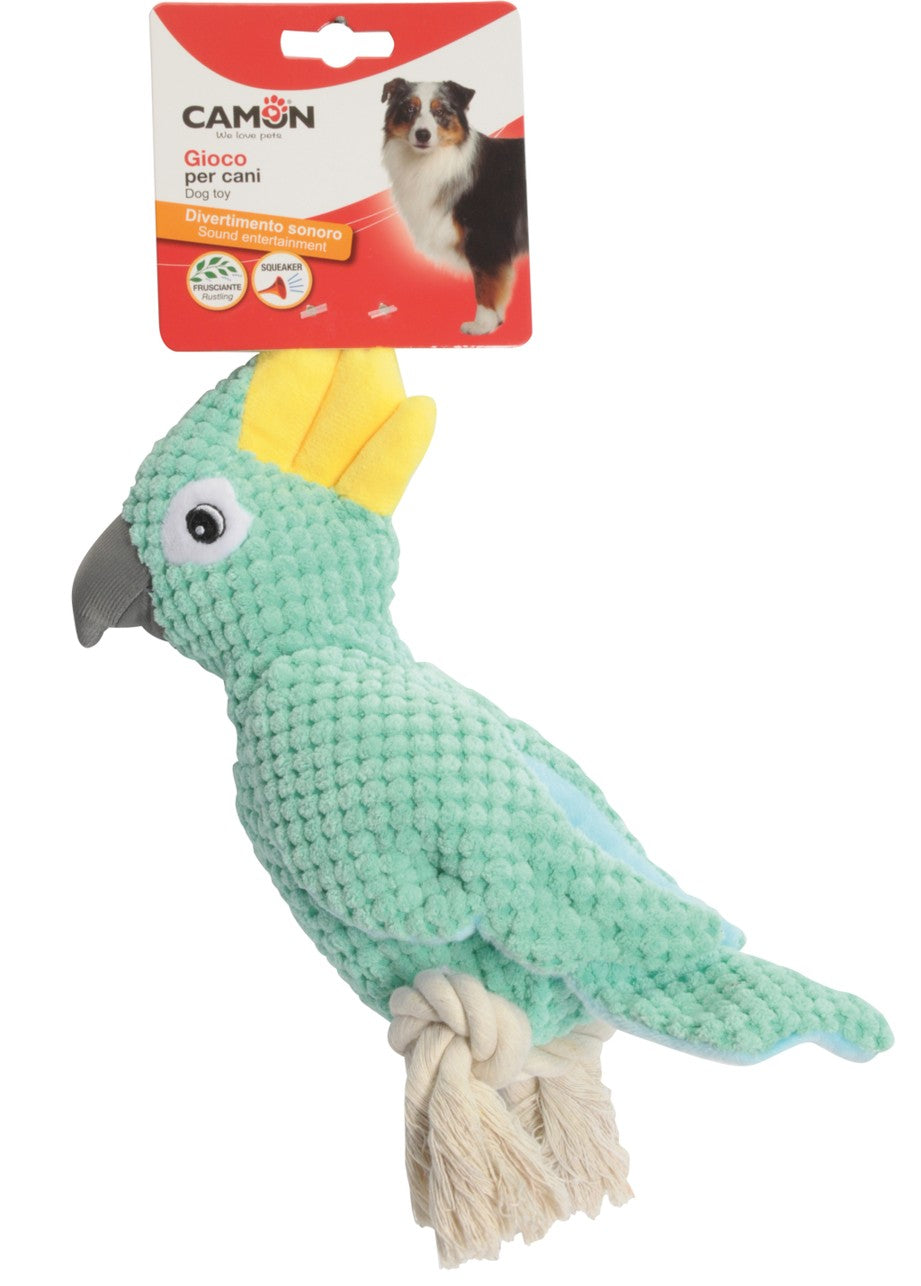 Pappagallo in poliestere e corda con squeaker ed effetto frusciante