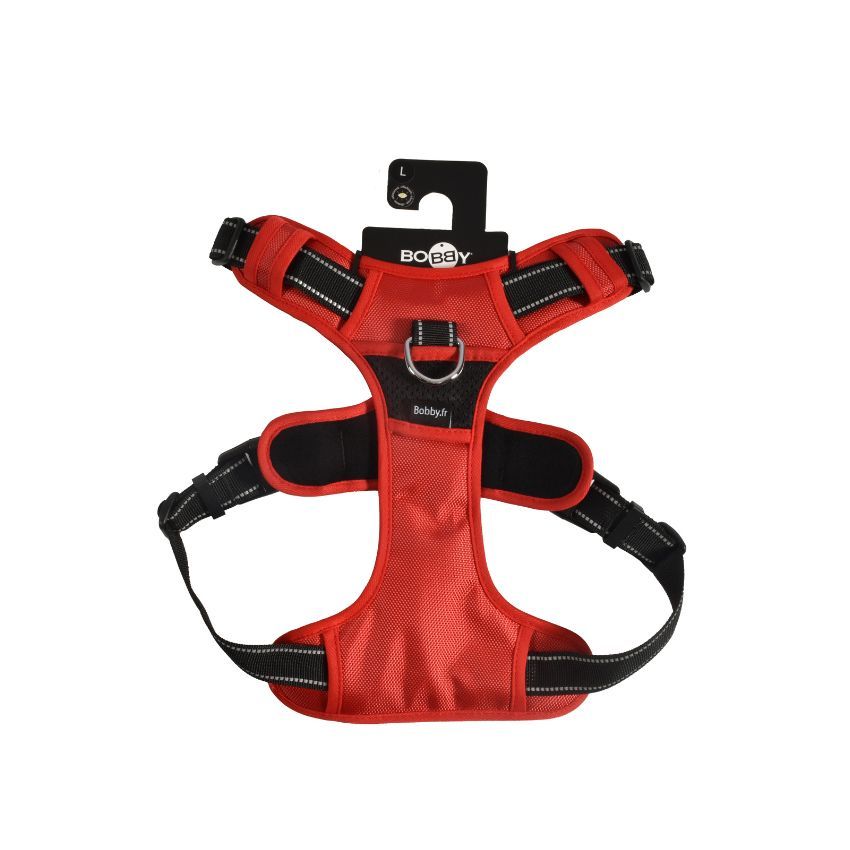 pettorina imbottita nella parte superiore ed inferiore, rossa con doppio gancio in ferro. e con manico nella parte superiore