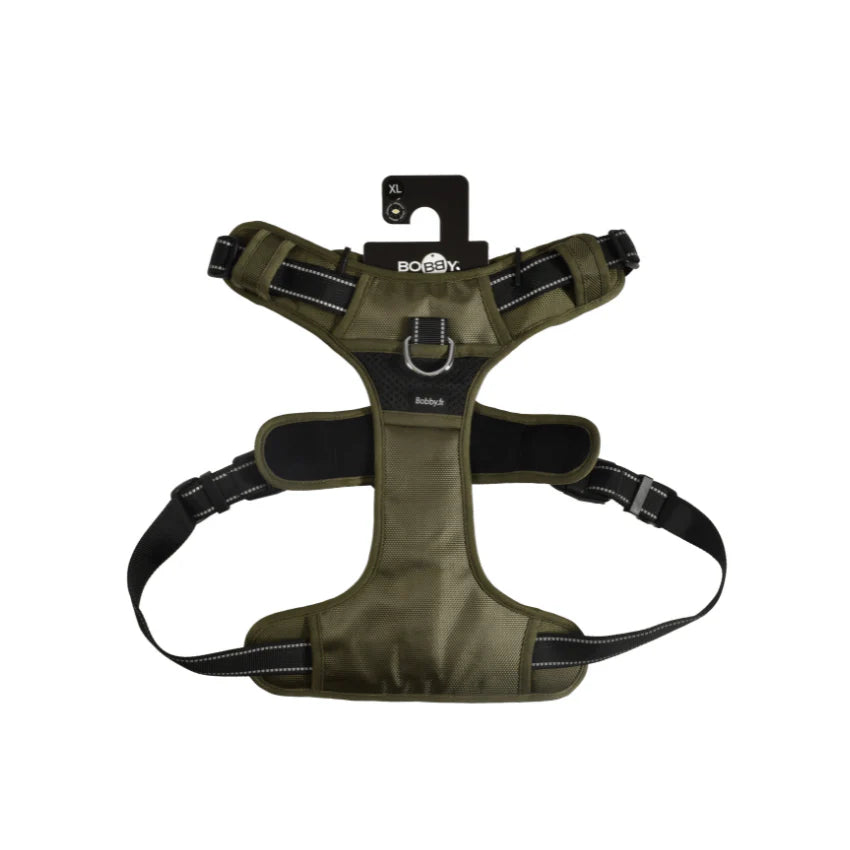 pettorina imbottita nella parte superiore ed inferiore, verde con doppio gancio in ferro. e con manico nella parte superiore