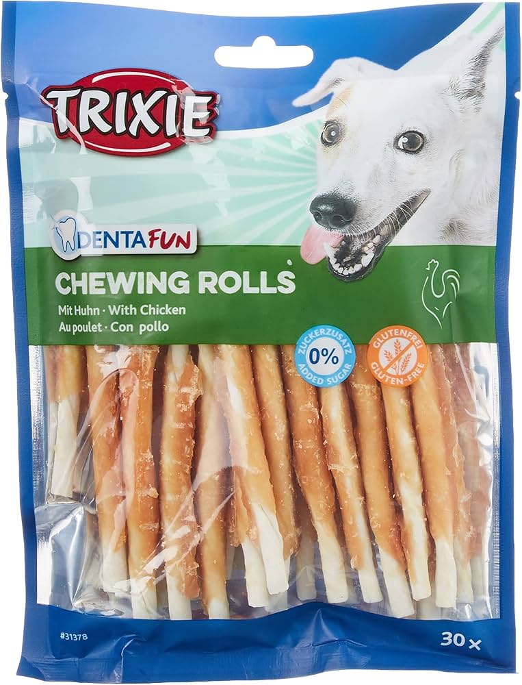 TRIXIE Denta Fun Chicken Chewing Rolls in pelle di bovino con filetti di pollo arrotolati 12 cm. 30 pz./240 gr.