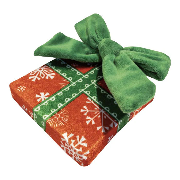 peluche natalizio a forma di pacchetto, morbido e con suono, ideale per coccole, giochi e decorazioni festive