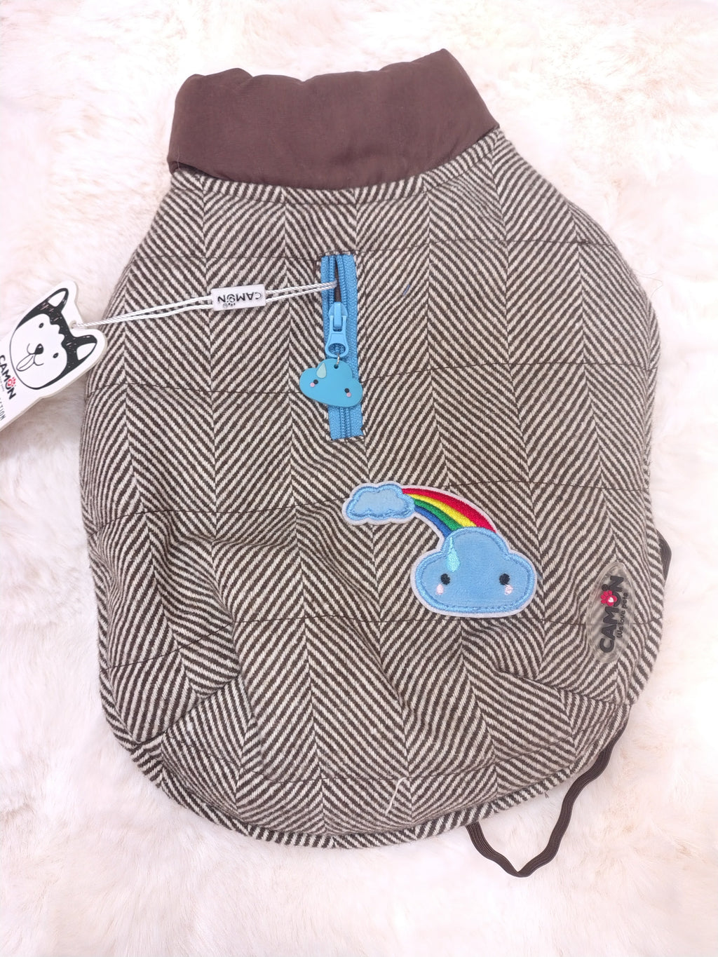 cappotto per cani di piccola e media taglia, marrone rigato con nuvola sul dorso, zip per passaggio guinzaglio