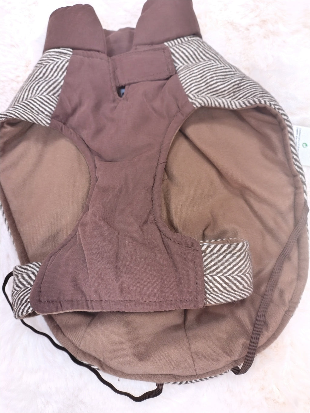 cappotto per cani di piccola e media taglia, marrone rigato con nuvola sul dorso, zip per passaggio guinzaglio